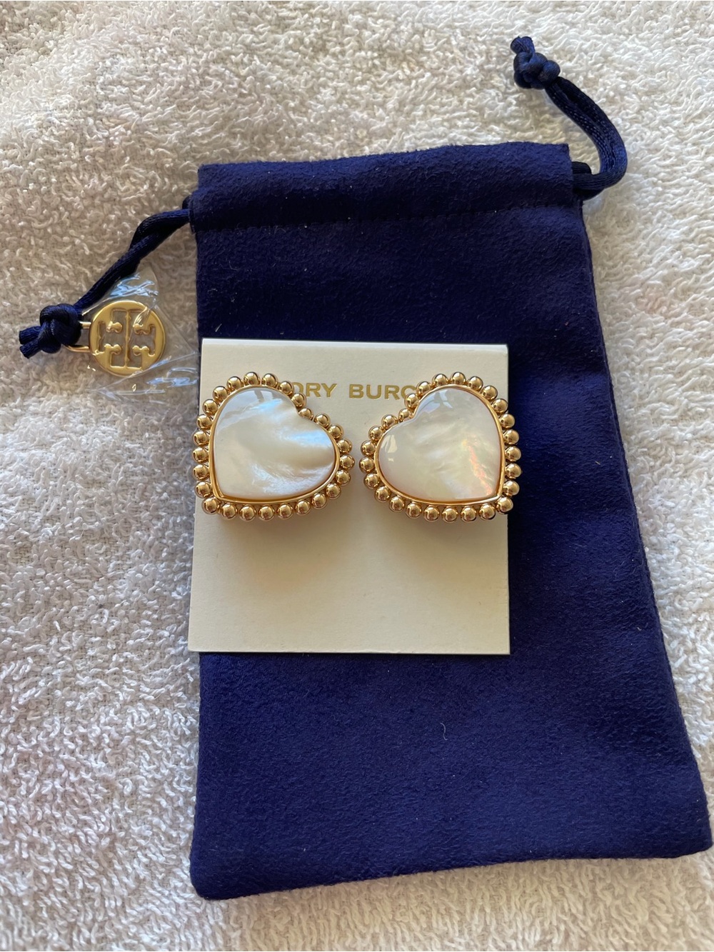 Tory Burch Gold Heart Stud Earrings with Mother-of-Pearl